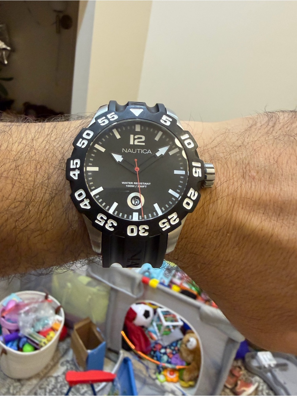 Nautica BFD 100 Date Mens Dive Watch Black Dial Resin Sport Strap A15019G 46mm